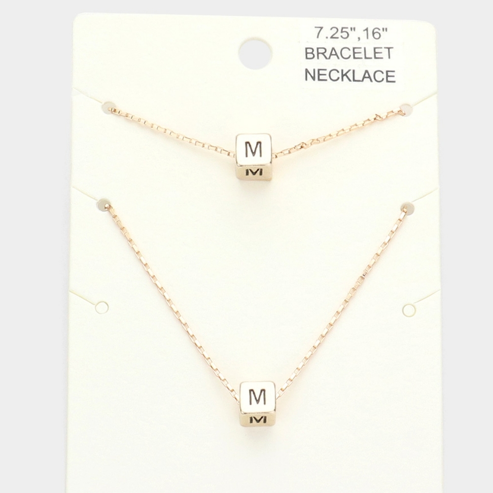 Gold Monogram "M" Cube Pendant Necklace Chain Set Bracelet Boxed Square Initial